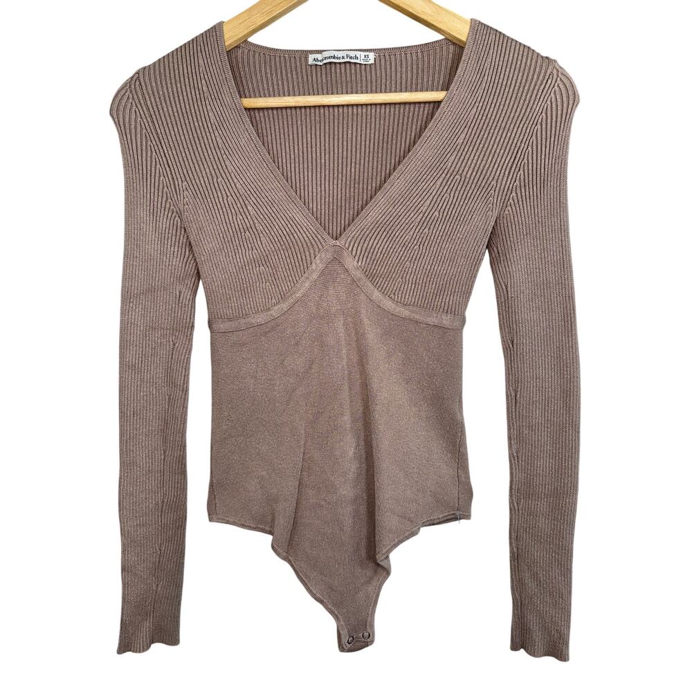 Abercrombie & Fitch Brown Tan Ribbed Knit V-Neck Long Sleeve Bodysuit Womens XS